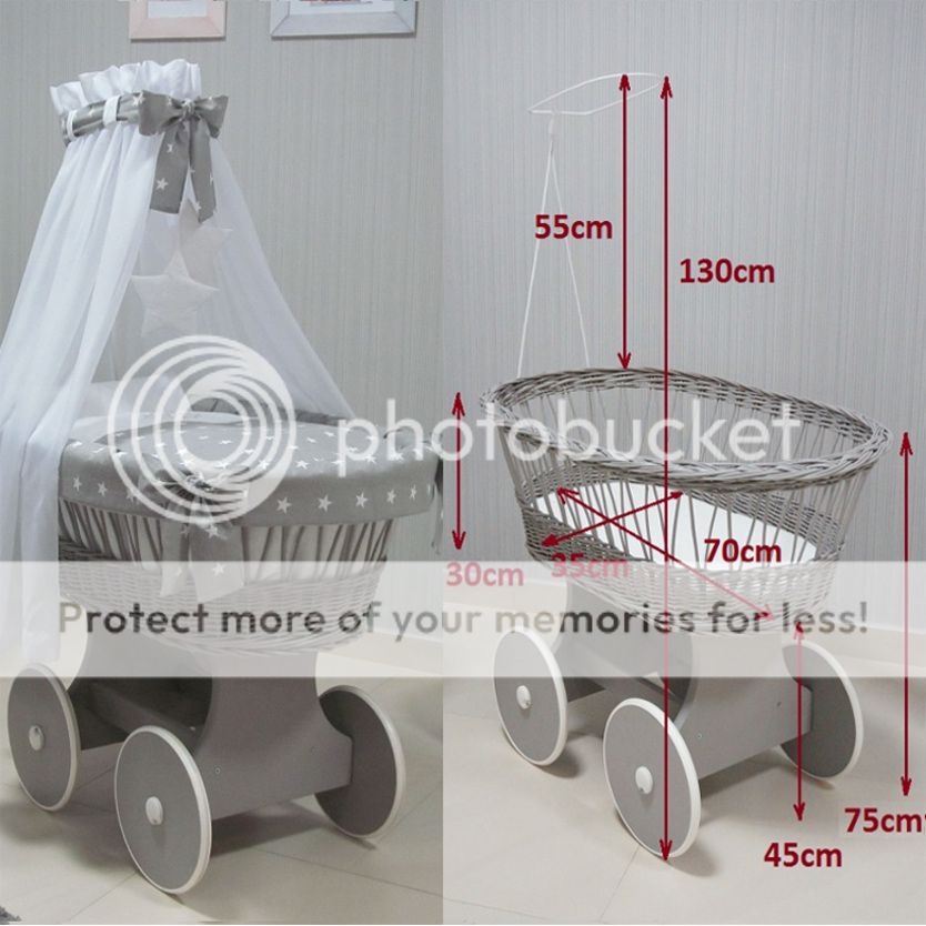 COMPLETE WICKER MOSES BASKET + CHASSIS BIG WHEELS BEDDING DRAPE 24